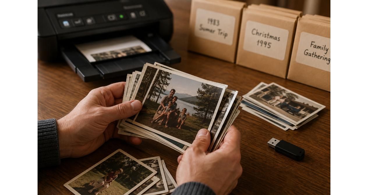 Mains tenant des photographies de famille imprimées, prêtes à être numérisées