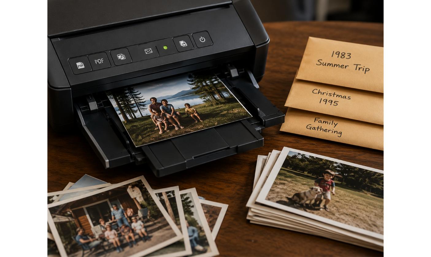 Numériseur de photos imprimant une photo de famille numérisée, avec des enveloppes de photos étiquetées à proximité