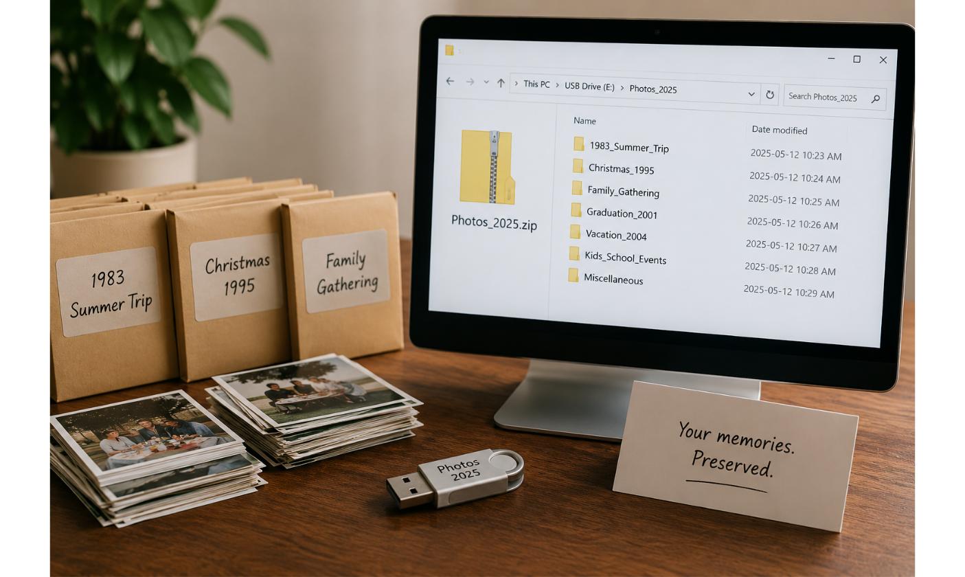 Clé USB à côté de dossiers de photos numériques organisés et étiquetés sur un écran d'ordinateur